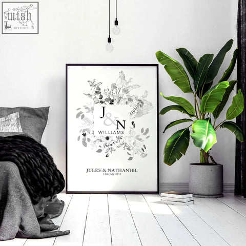 Black-framed wall art print with monogrammed initials and grayscale floral design perfect for personalised wedding anniversary gifts