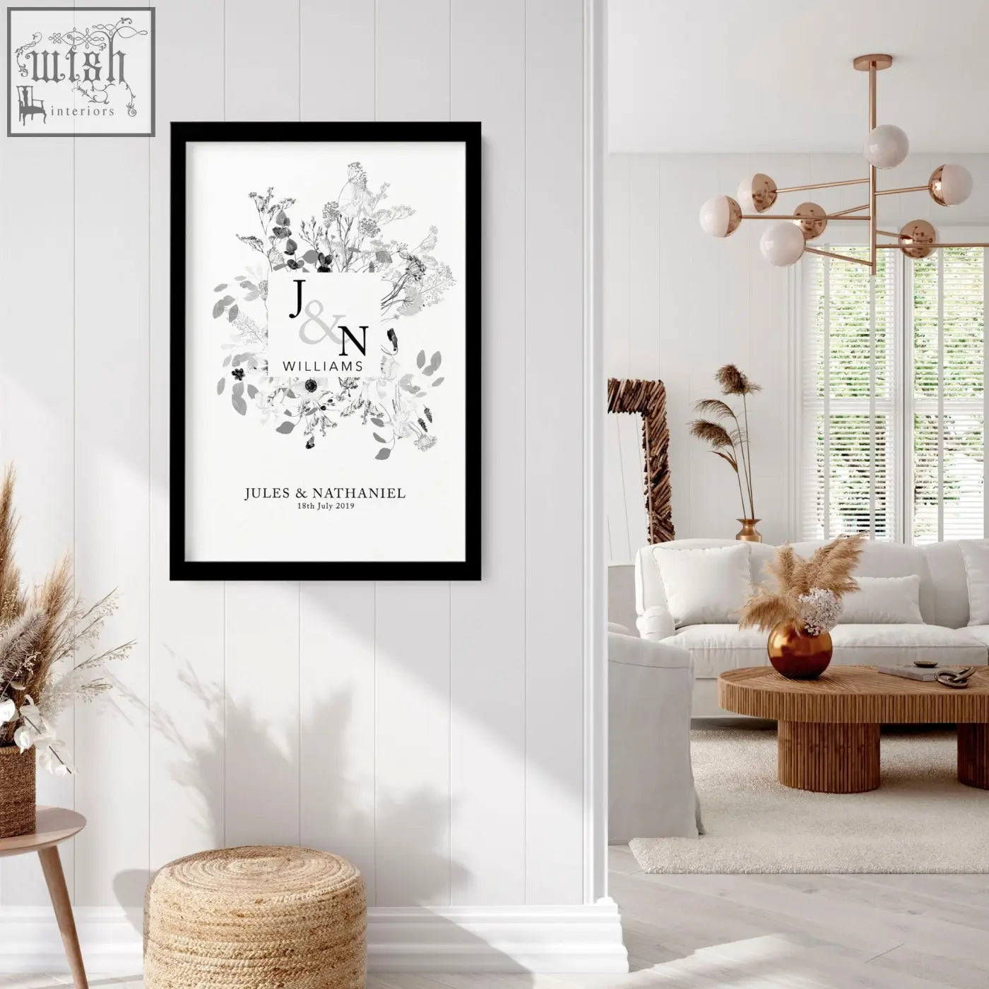 Black-framed personalised wedding anniversary wall art print with grayscale botanical monogram and initials j n