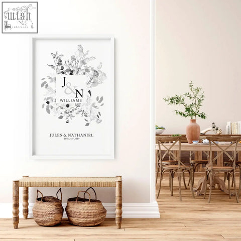 White framed personalised wedding anniversary wall art print with black and gray botanical monogram initials j and n
