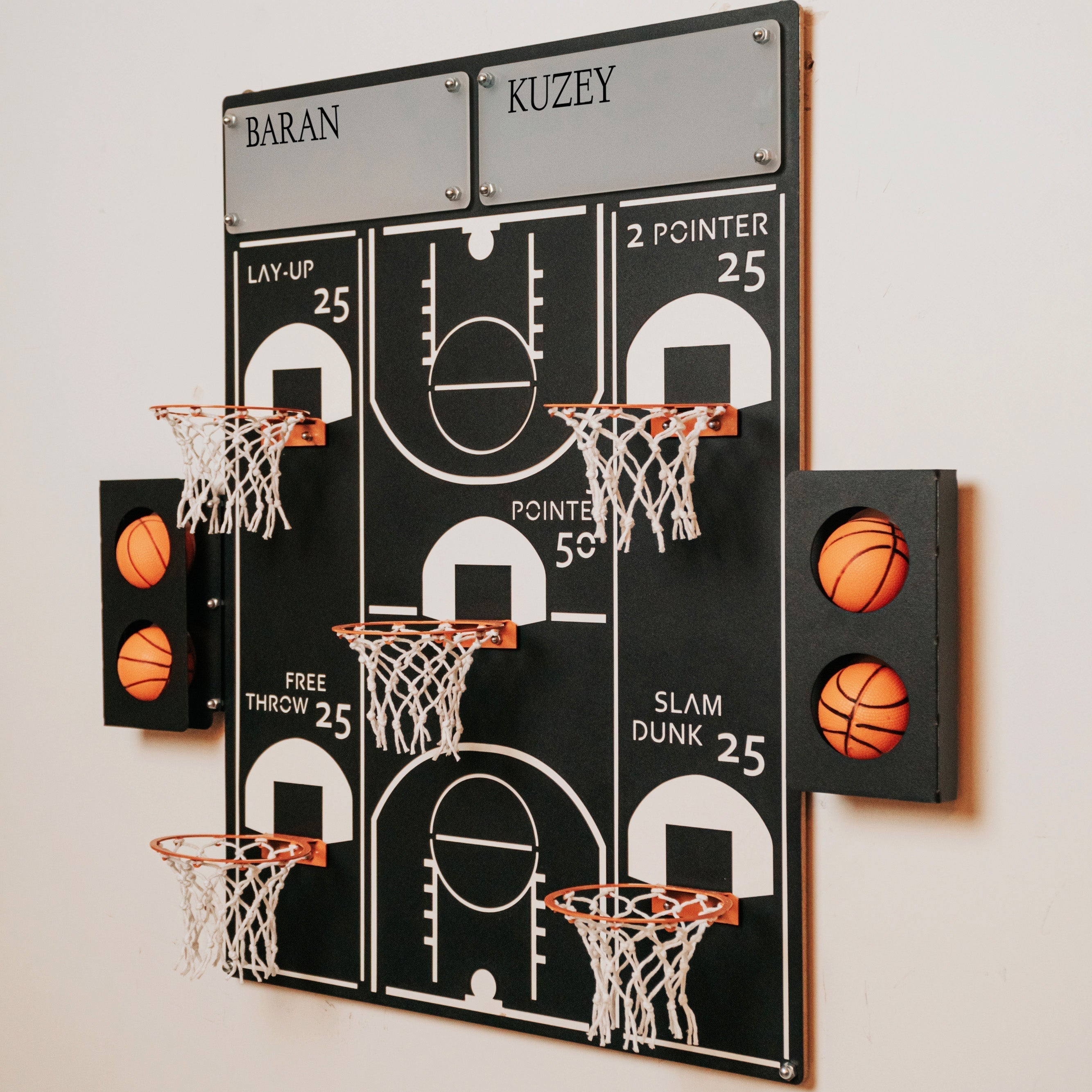 Personalization all-star basketball wall game with black scoring board white court markings and labeled hoops for shots