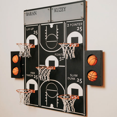 Personalization all-star basketball wall game with black scoring board white court markings and labeled hoops for shots