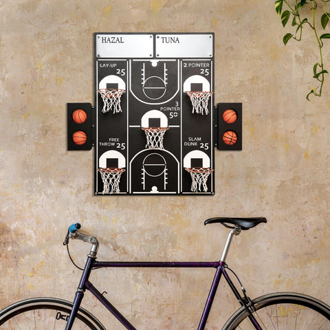 Personalization all-star black metal basketball wall game with white scoring zones and orange balls in side racks