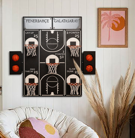 Personalization all-star basketball wall game with black metal board, white scoring zones, orange balls, fenerbahçe and galatasaray teams