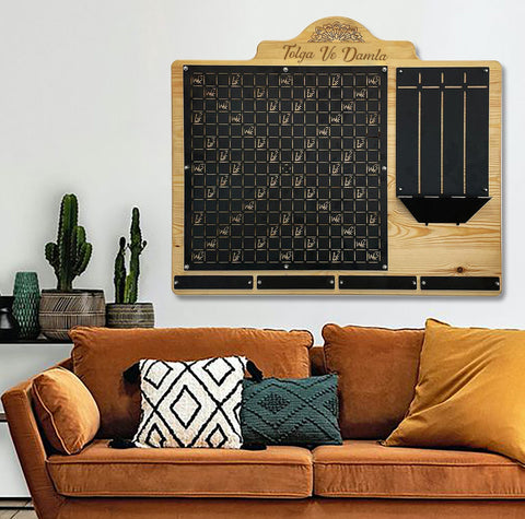 Light wood-framed wall calendar with black chalkboard surface and engraved name tolga ve damla perfect for words wall deco