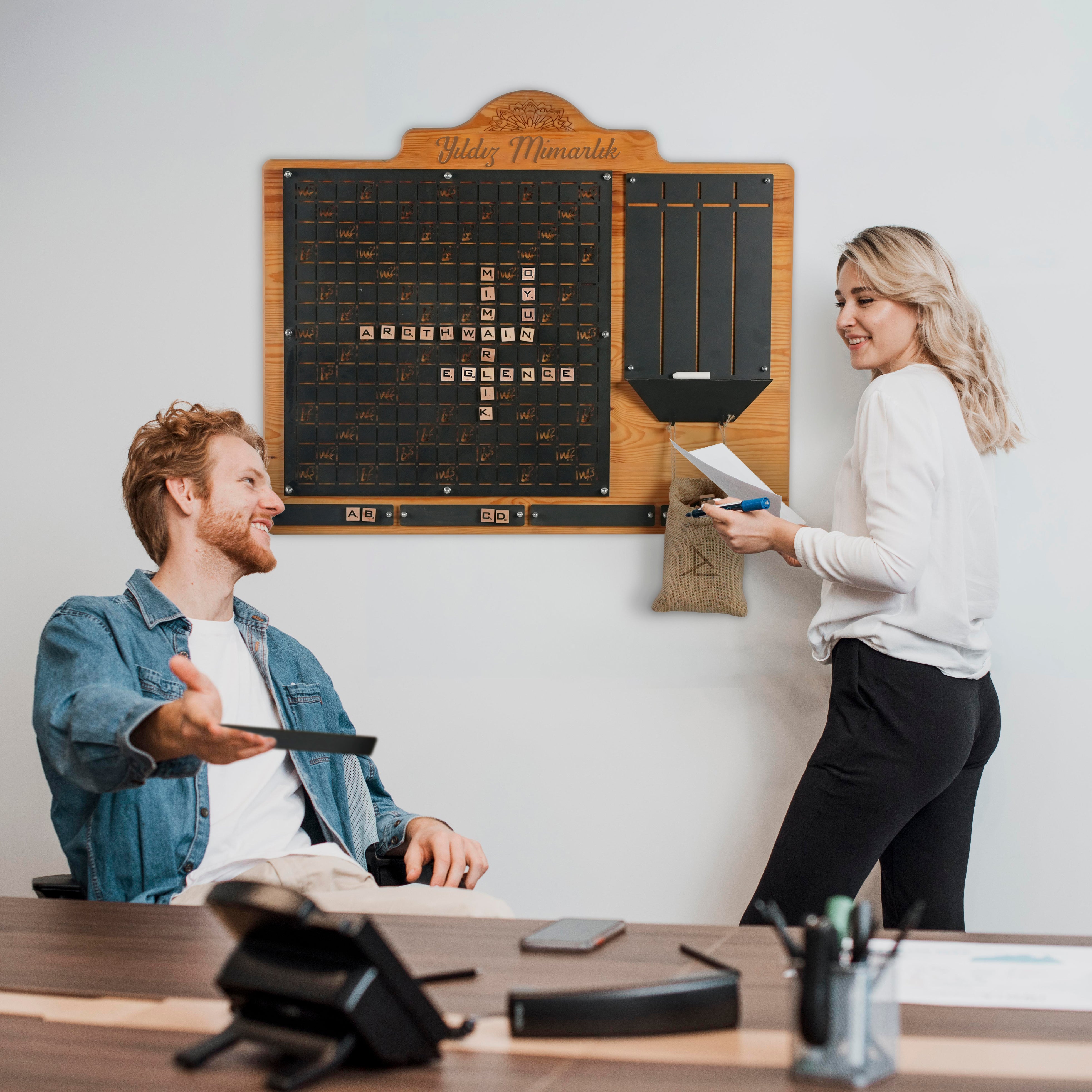 Wooden-framed scrabble words wall deco with engraved yildiz mimarlik name and black playing surface product details