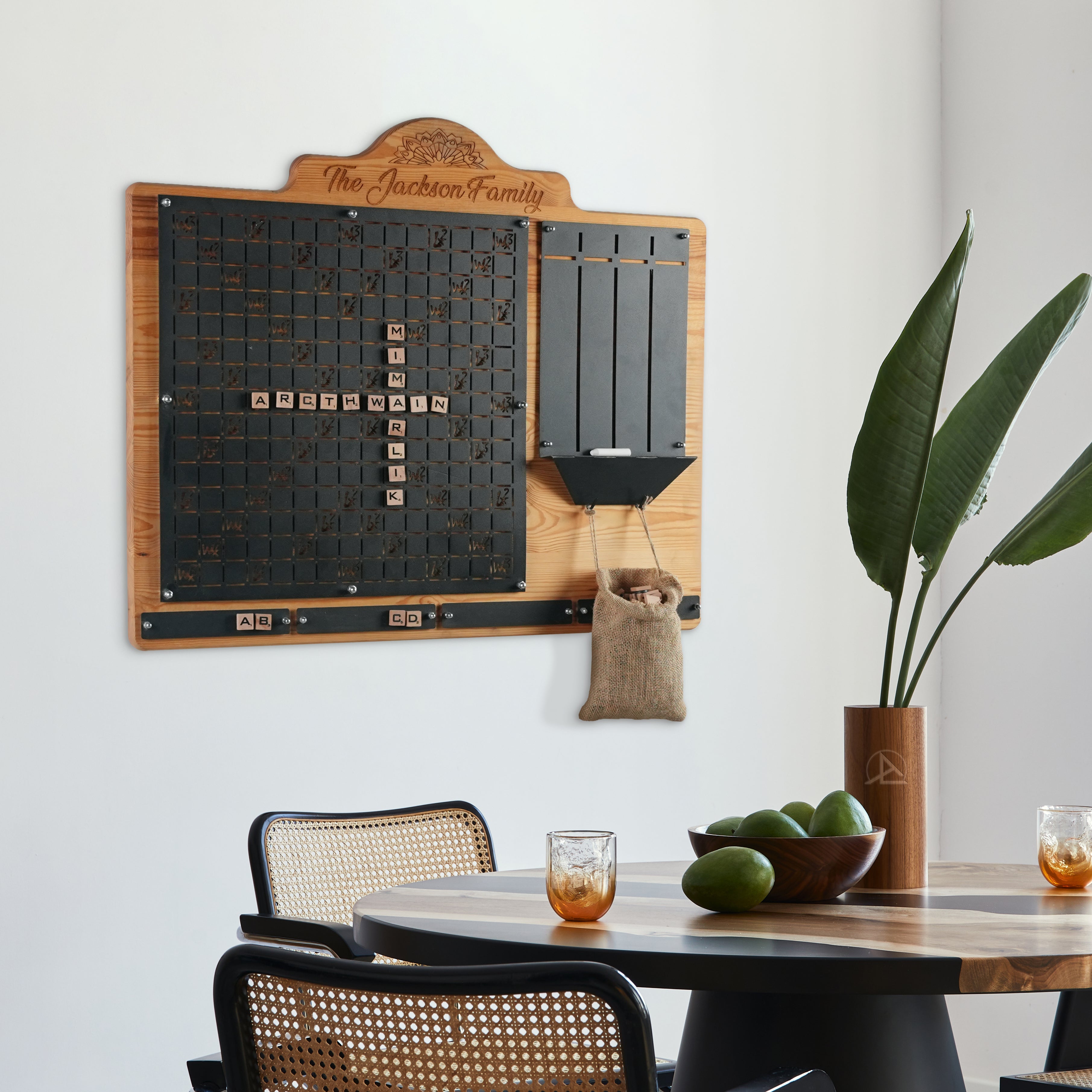 Wooden-framed scrabble board with black surface engraved the jackson family perfect for personalized words wall deco