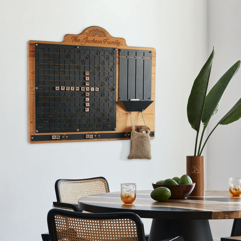 Wooden-framed scrabble board with black surface engraved the jackson family perfect for personalized words wall deco