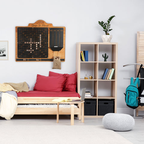 Wooden wall-mounted calendar with black grid and decorative arch top perfect for words wall deco and personalization words game
