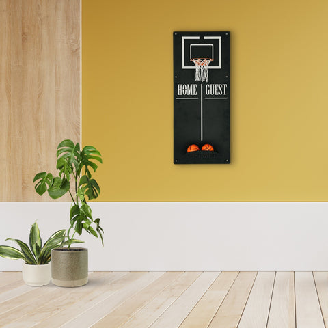 Black rectangular wall-mounted personalized basketball wall game with home guest text and two orange mini balls below net