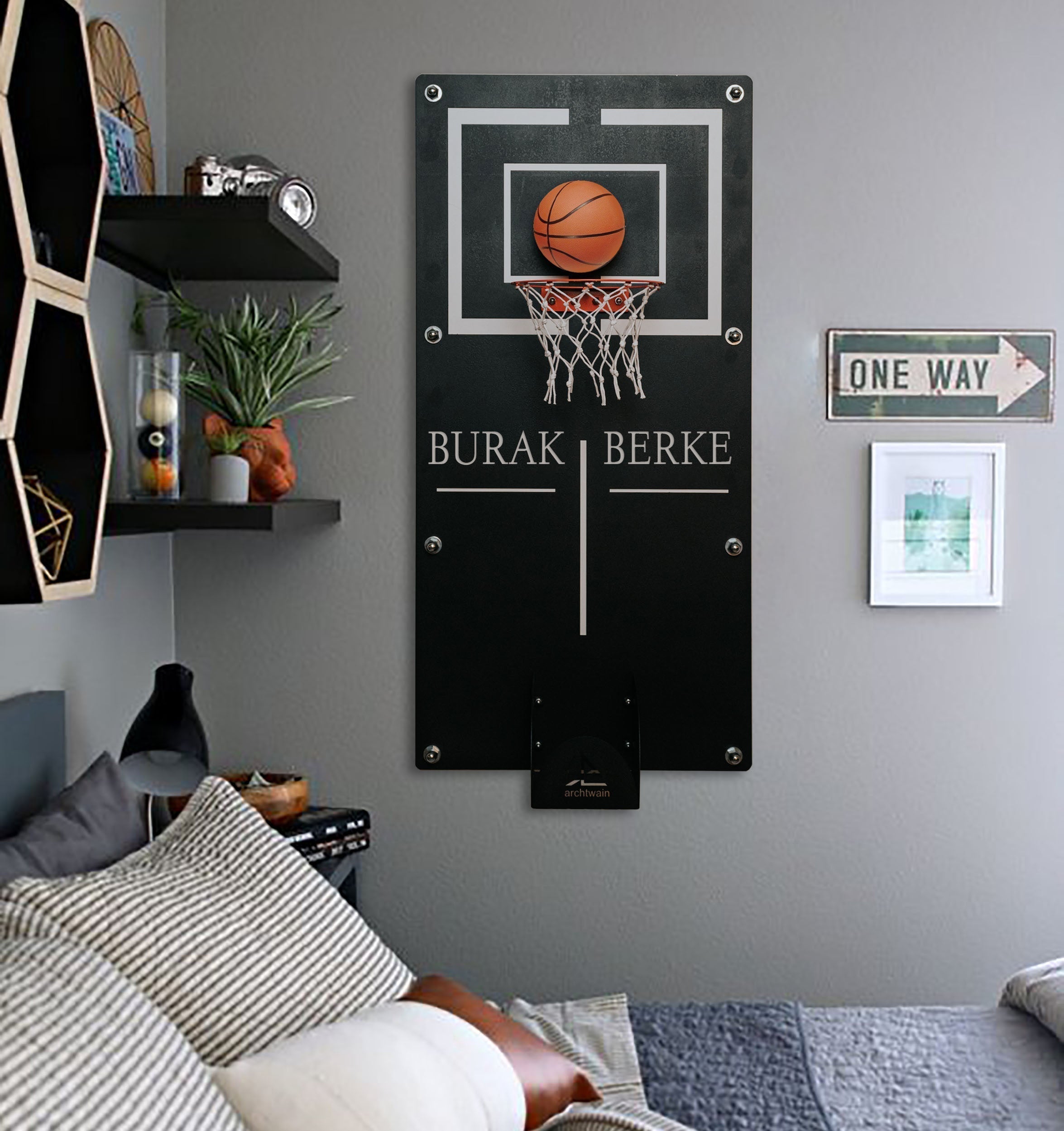 Black wall-mounted mega basketball hoop with net and personalized name burak berke in white lettering product details