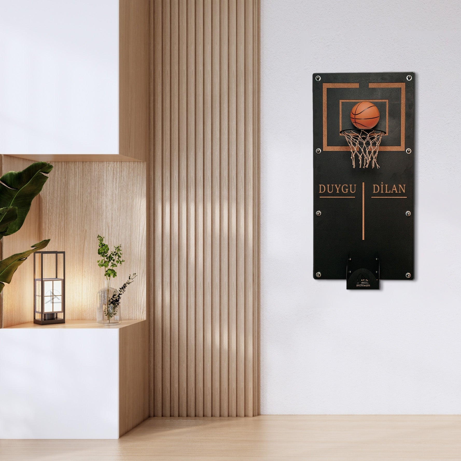 Black wall-mounted mega basketball hoop with gold trim and textured orange ball in the net product details visible