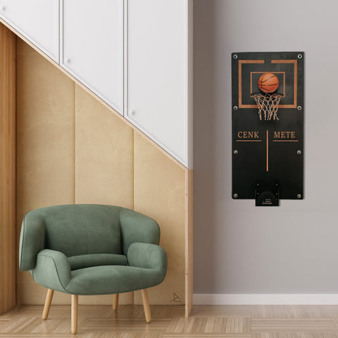 Black wall-mounted personalized mega basketball hoop with orange rim net and engraved cenk mete name below basket