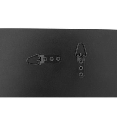 Black metal hanging hardware with hook and screw attached to the back of petillo silver frame small square wall mirror