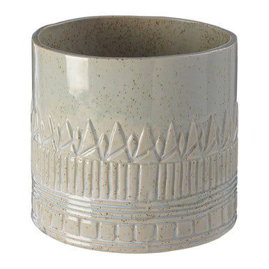 A beige ceramic petra small planter with speckled finish and embossed bamboo leaf patterns around its midsection