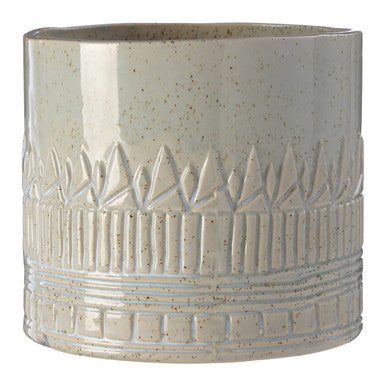 Cream-colored ceramic petra small planter with speckled finish and embossed leafy pattern around the middle