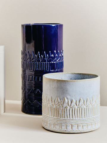 Deep blue ceramic petra small planter with embossed geometric patterns and glossy finish perfect as a small planter
