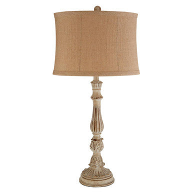 Antique white distressed wood petra table lamp with beige textured fabric shade for cozy lighting
