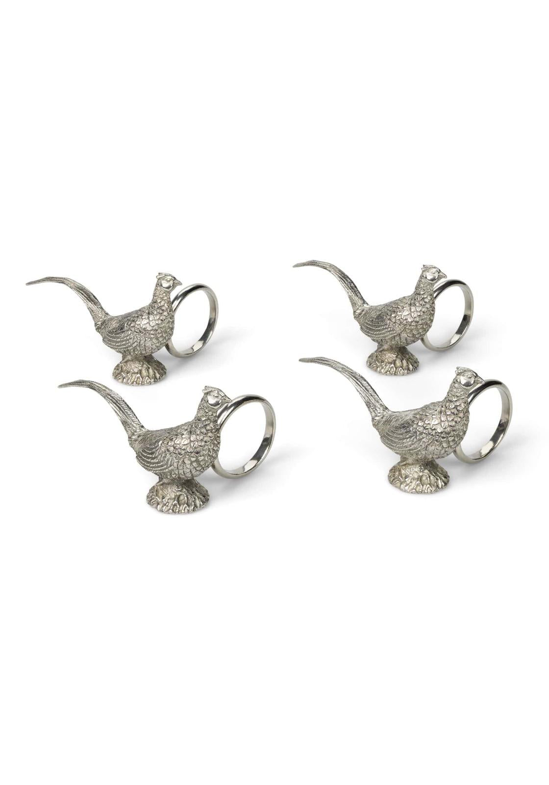 Silver pheasant-shaped pewter napkin ring set of 4 with detailed feather textures and ring handles