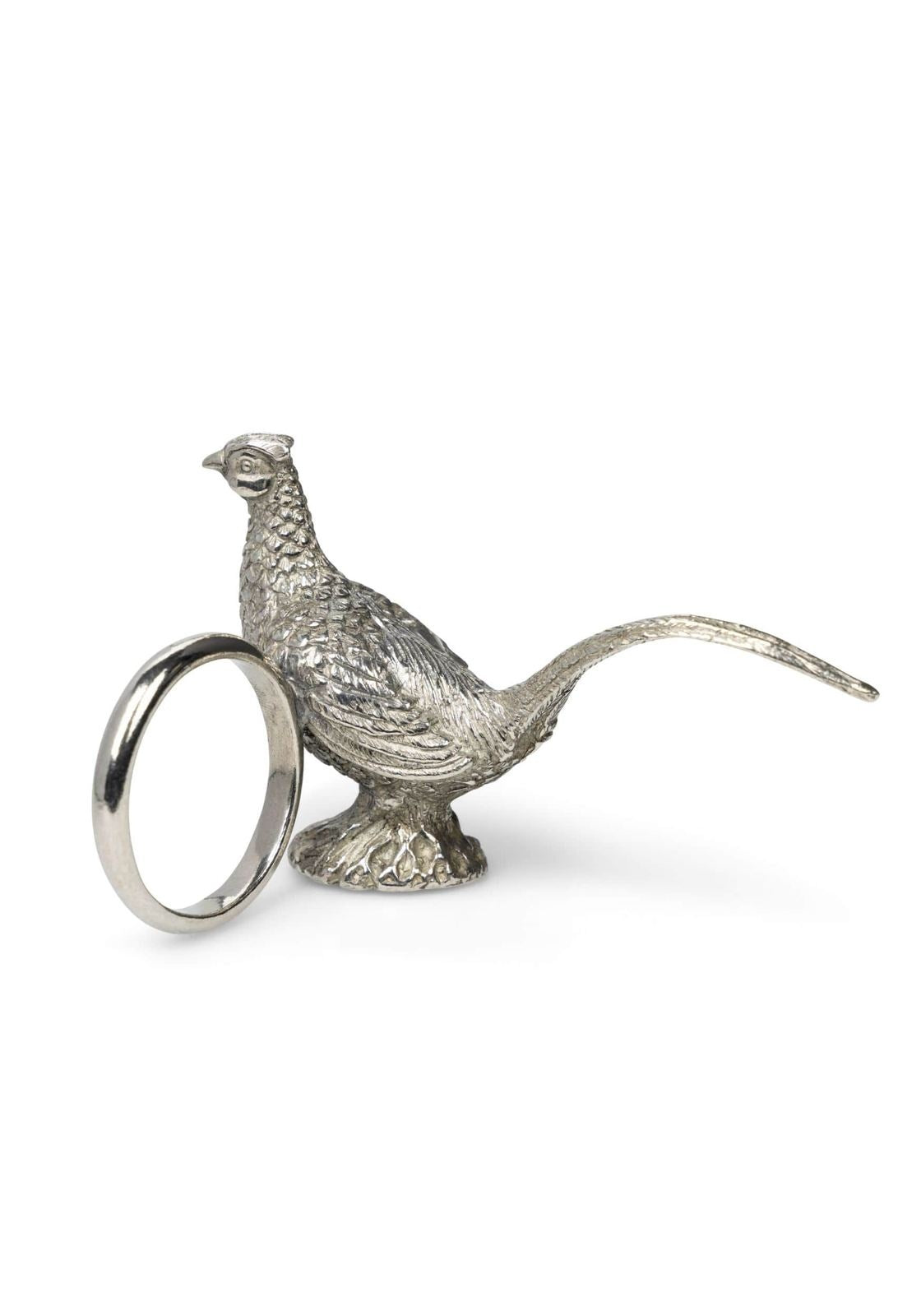 Silver-toned pewter pheasant feathered napkin ring holding a smooth circular ring on its back in a set of 4