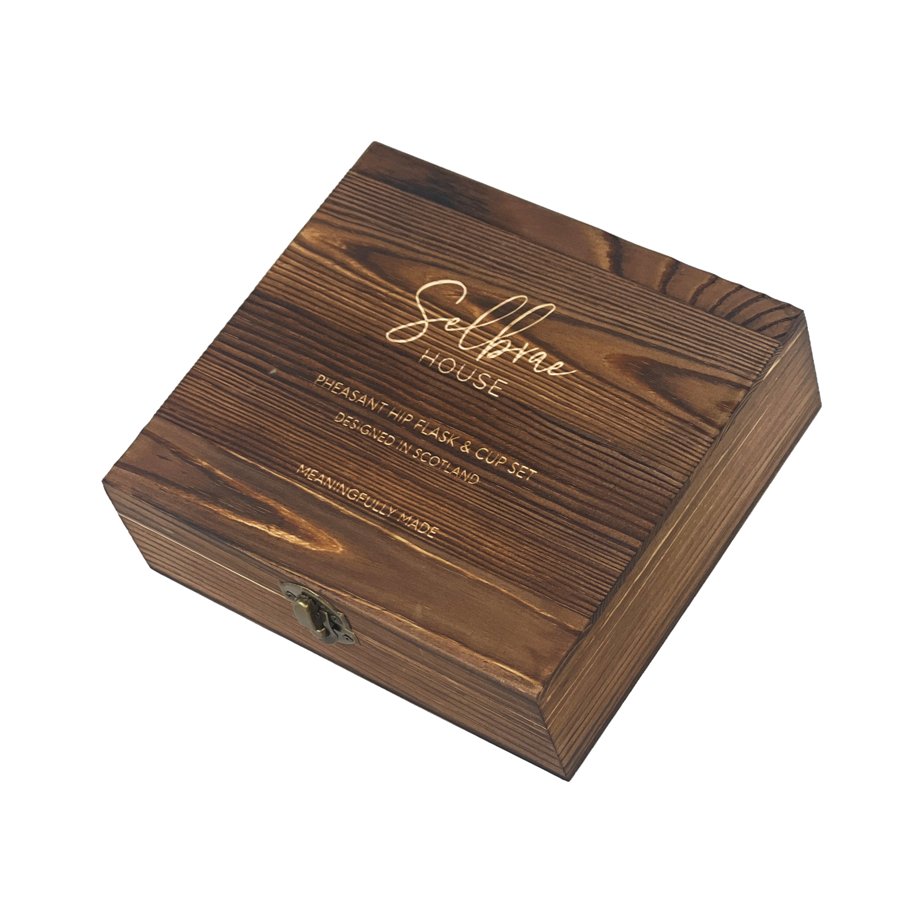 Dark brown wooden box with engraved gold lettering and metal clasp for pheasant hip flask cup set by selbrae house