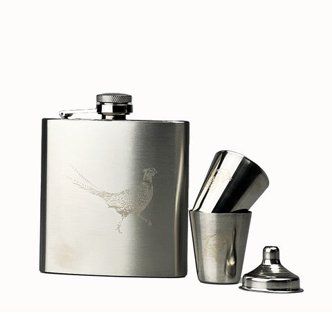 Silver-toned stainless steel hip flask with engraved pheasant design and matching cocktail shaker in gift box cup set