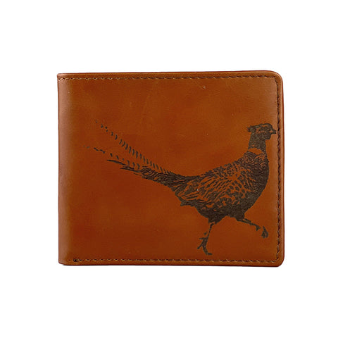 Brown leather wallet from selbrae house featuring an embossed pheasant design for stylish everyday use