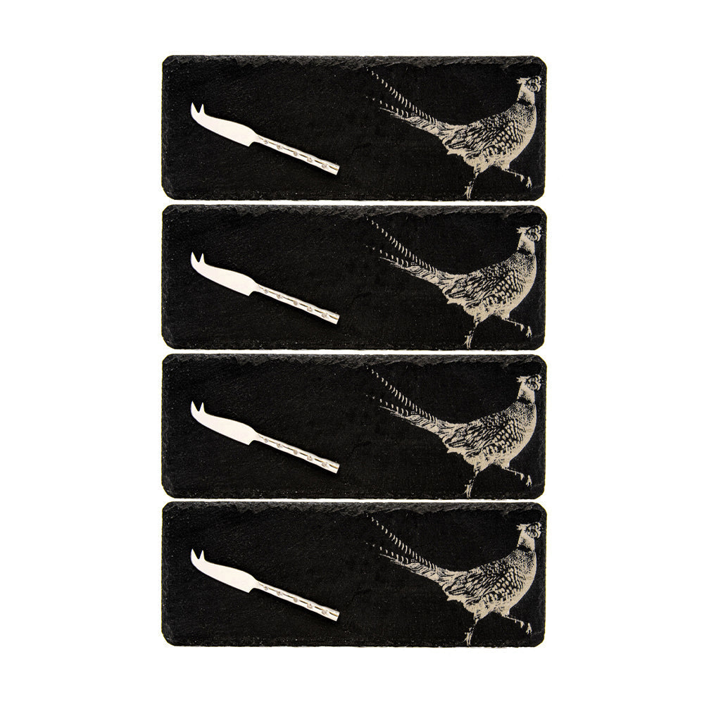 Set of four black mini slate cheese boards with white pheasant design and matching silver-toned cheese knives