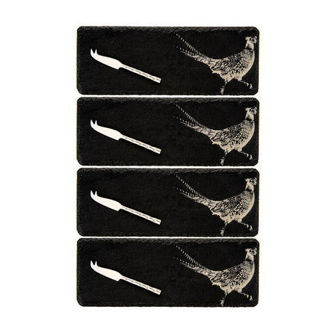 Set of four black mini slate cheese boards with white pheasant design and matching silver-toned cheese knives