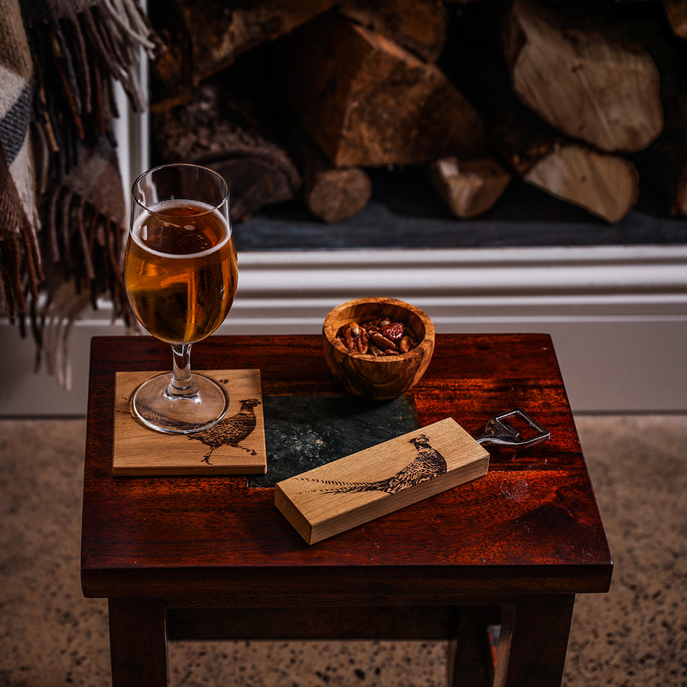 Wooden oak bottle opener with engraved pheasant design perfect for opening bottles in style