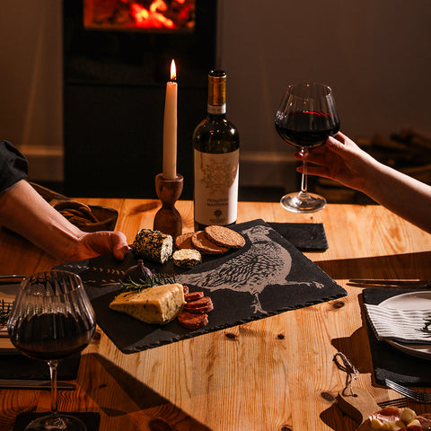 Black slate cheese board with detailed white etched pheasant design perfect for pheasant slate cheese serving