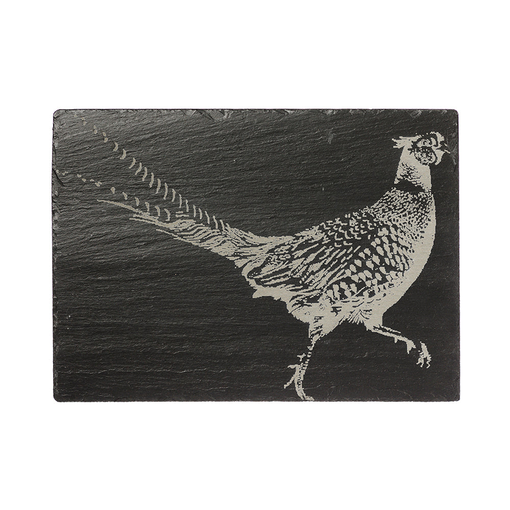 Black slate cheese board with detailed white etched pheasant illustration perfect for pheasant slate cheese fans
