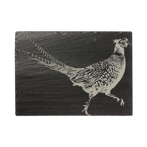 Black slate cheese board with detailed white etched pheasant illustration perfect for pheasant slate cheese fans