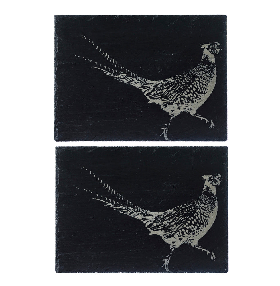 Black slate place mats set of 2 featuring detailed white etched pheasant illustrations perfect slate place decor