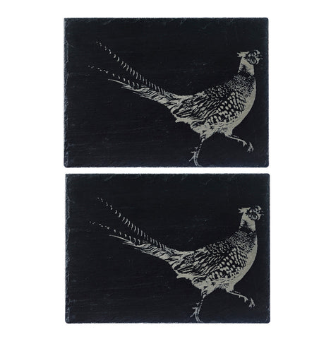 Black slate place mats set of 2 featuring detailed white etched pheasant illustrations perfect slate place decor