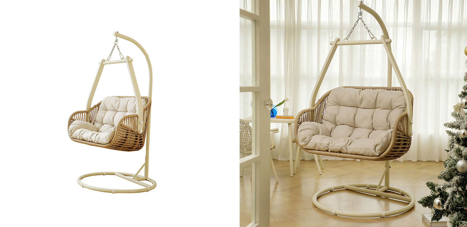 Beige woven phedra rattan garden hanging egg chair with cushioned seat suspended from arched metal stand