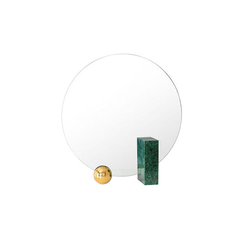 Pi33 round mirror featuring a circular glass design with a green marble base and polished gold sphere support
