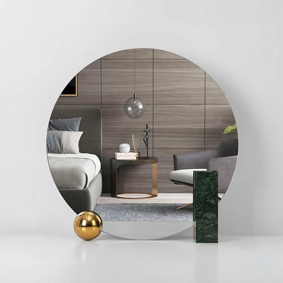 Pi33 round mirror is a circular mirror with a sleek minimalist design and a thin metallic frame