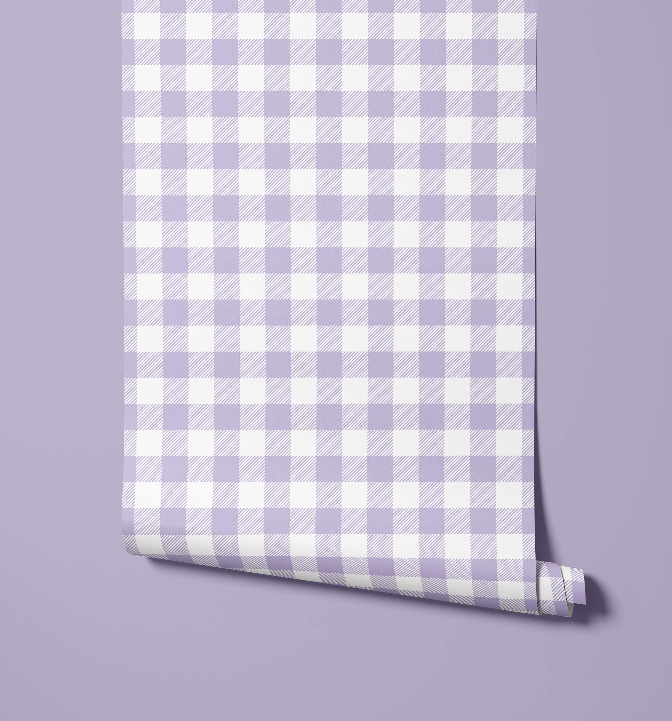 A roll of picnic gingham wallpaper in lavender and white with a classic gingham pattern for a fresh look