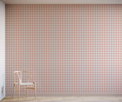 Minimalist picnic wooden chair with white seat and backrest featuring clean lines against gingham wallpaper background