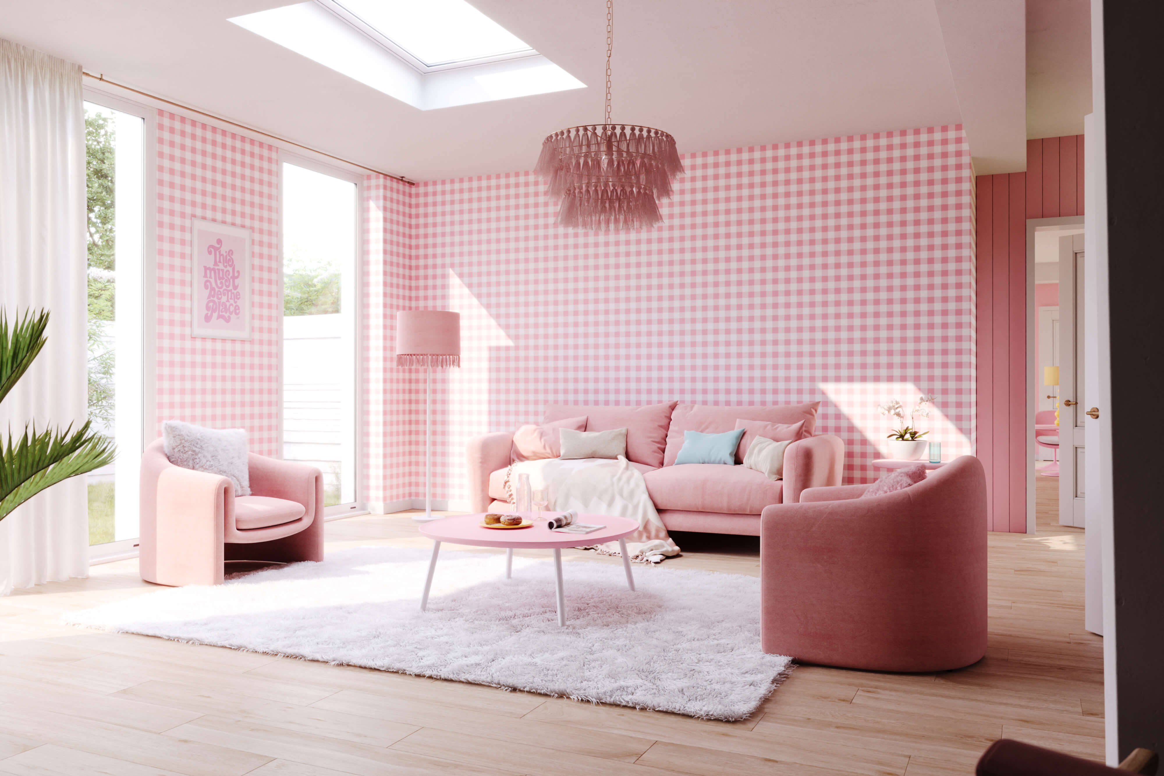 Pink velvet picnic sofa with matching cushions and light blue pillows against gingham wallpaper background