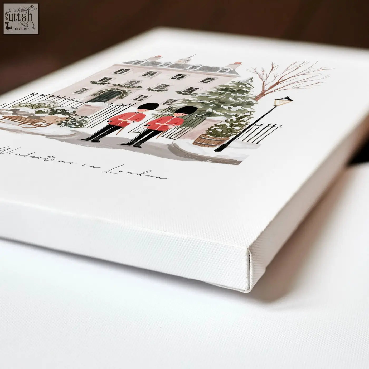 White canvas art print of two red-coated british guards in snowy london scene perfect for travel wall art display