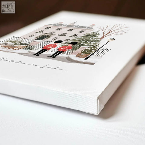 White canvas art print of two red-coated british guards in snowy london scene perfect for travel wall art display