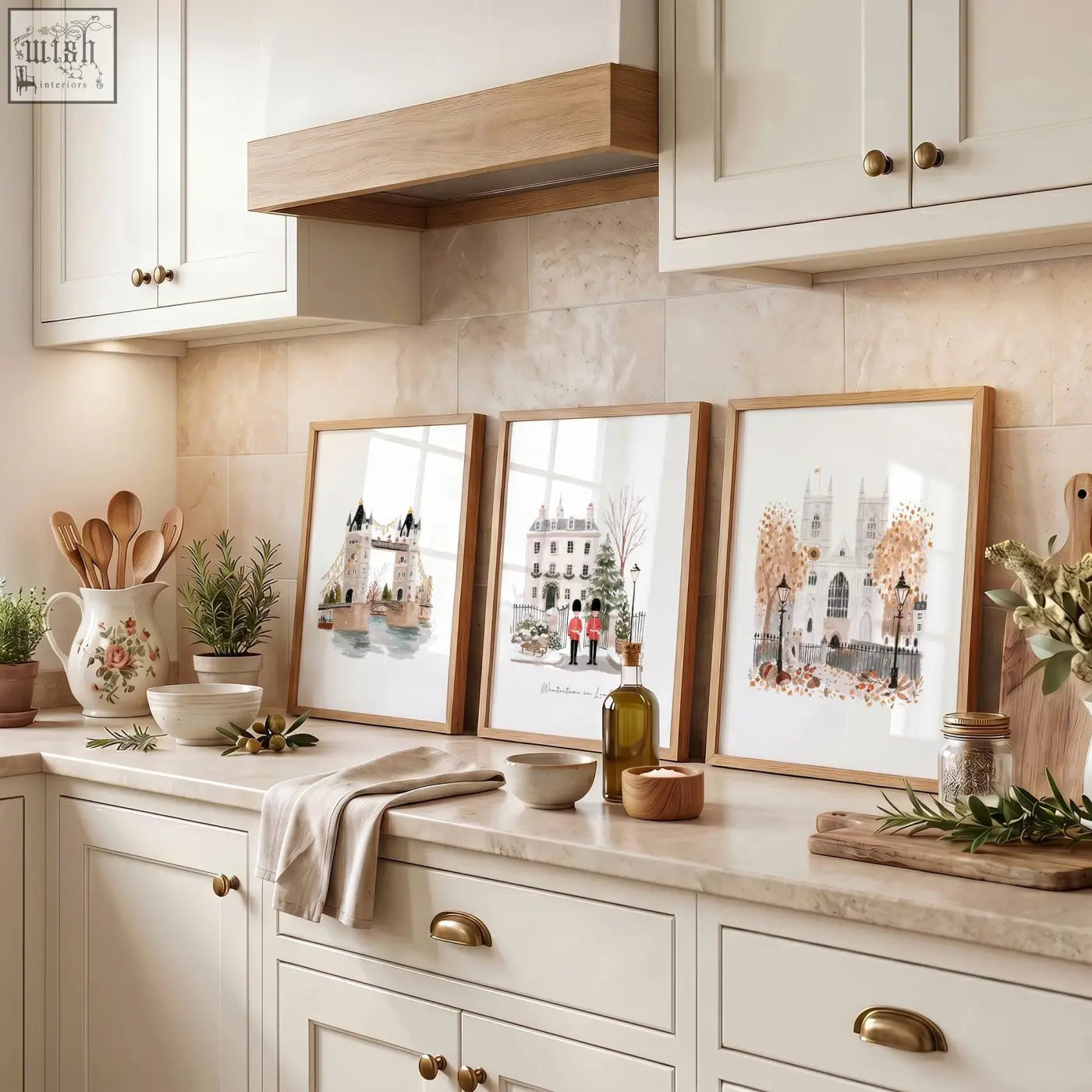 Three light wood framed london travel wall art prints with white matting featuring wintertime in london scenes