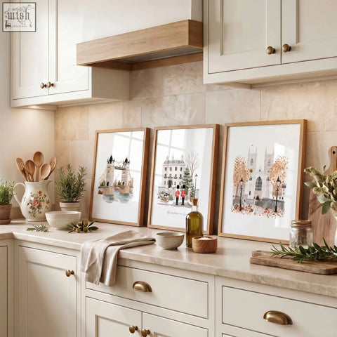Three light wood framed london travel wall art prints with white matting featuring wintertime in london scenes
