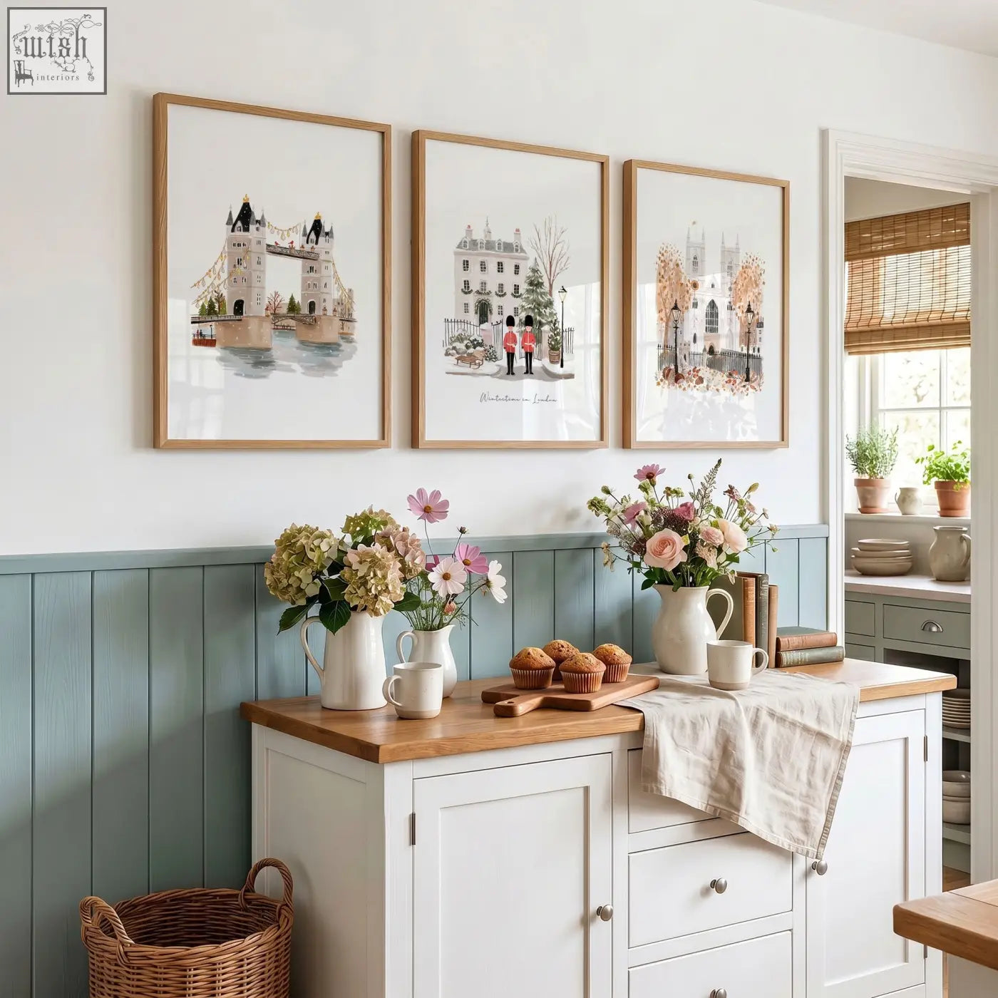 Three framed pastel london bridge art prints in light wood frames perfect travel wall art for kitchen decor