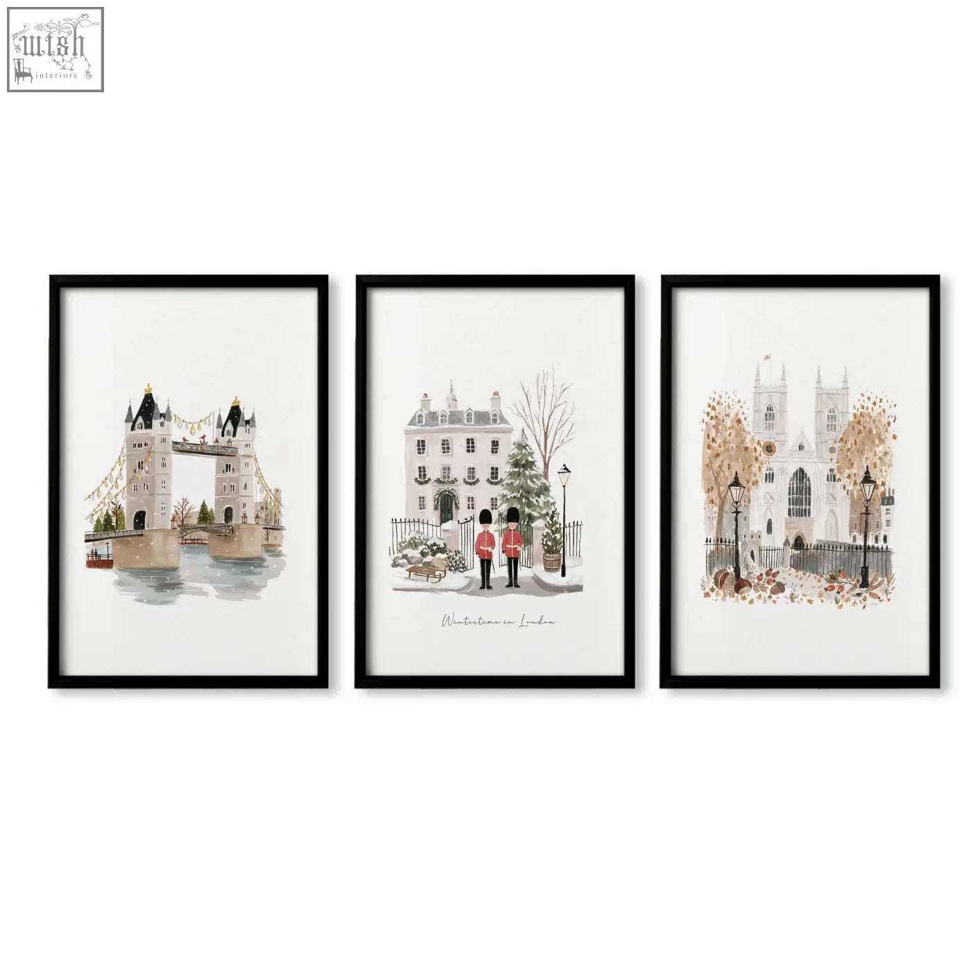 Set of three framed watercolor art prints featuring london landmarks in soft muted tones for travel wall art