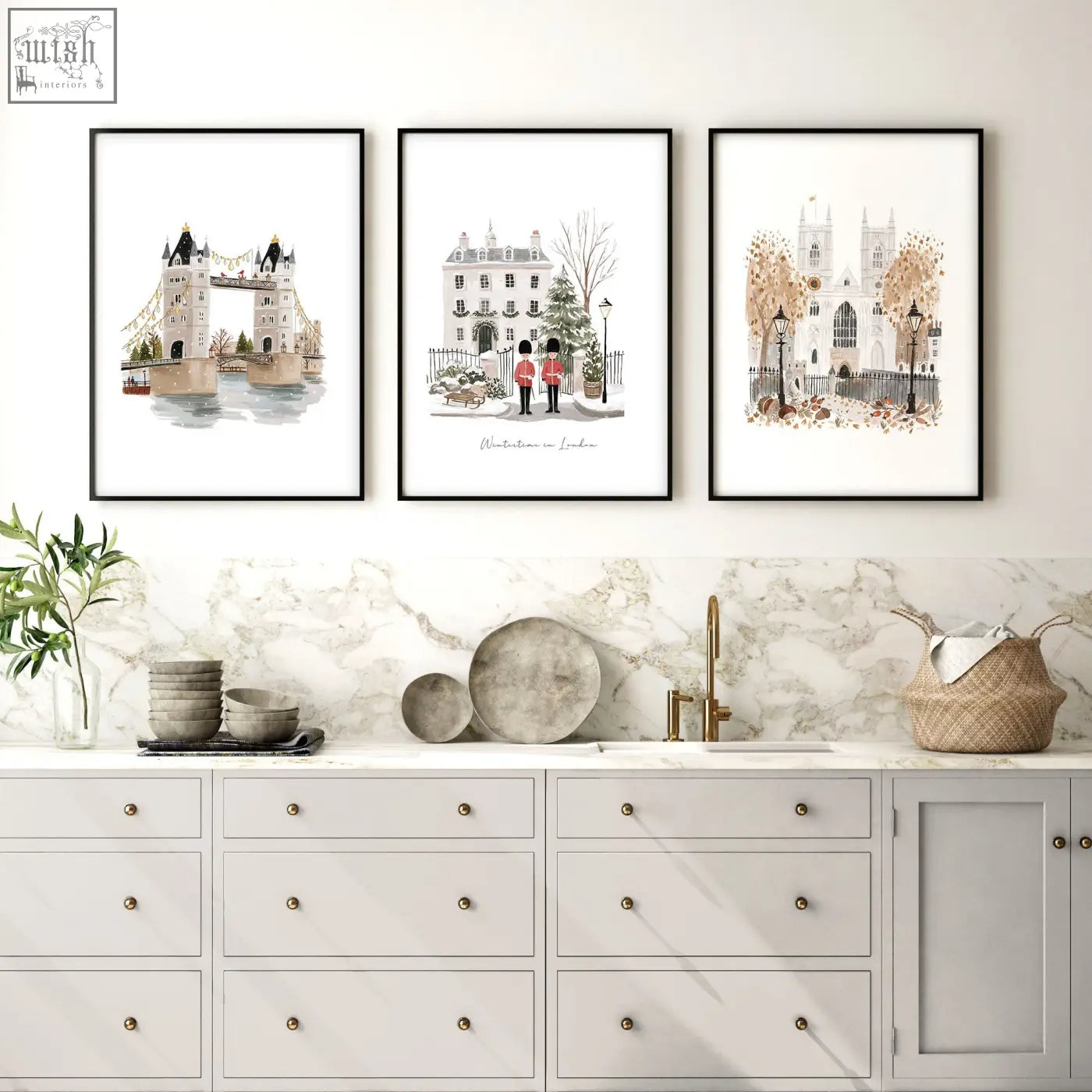 Three black framed watercolor art prints featuring london landmarks winter scene travel wall art for kitchen decor