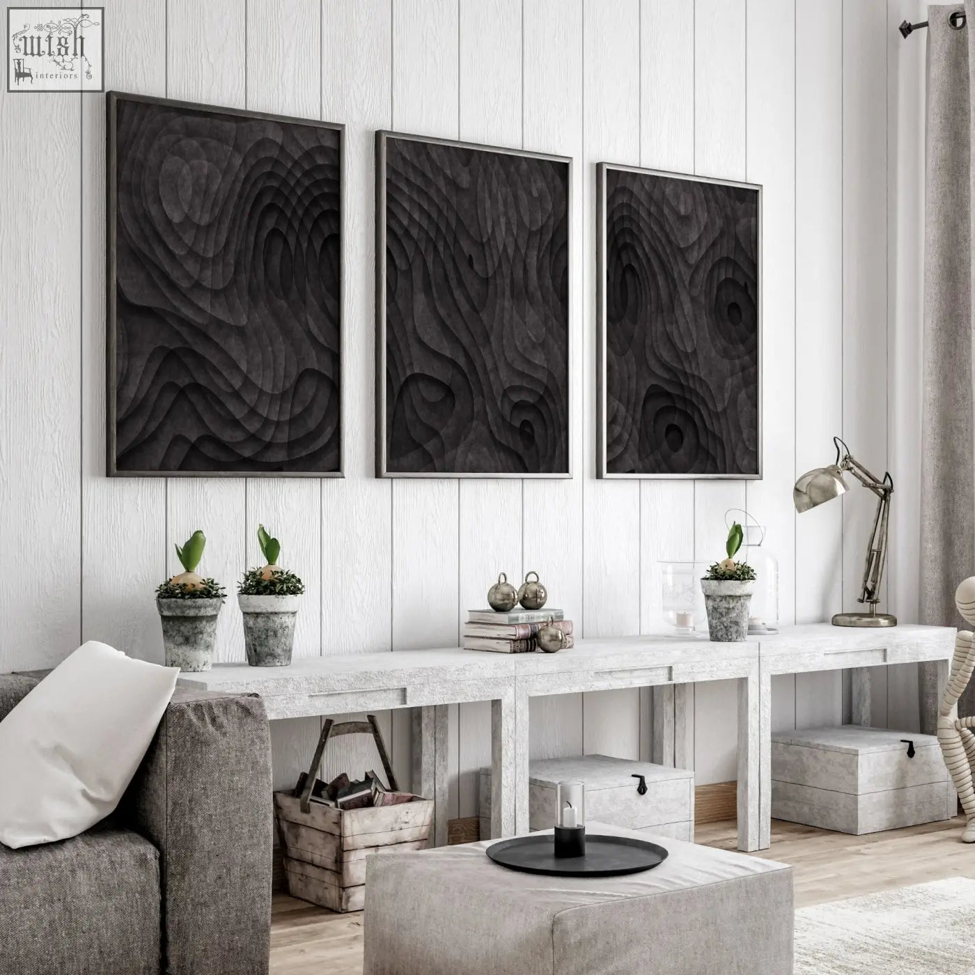 Three black wood-textured framed wall art prints with raised swirling patterns for living room decor