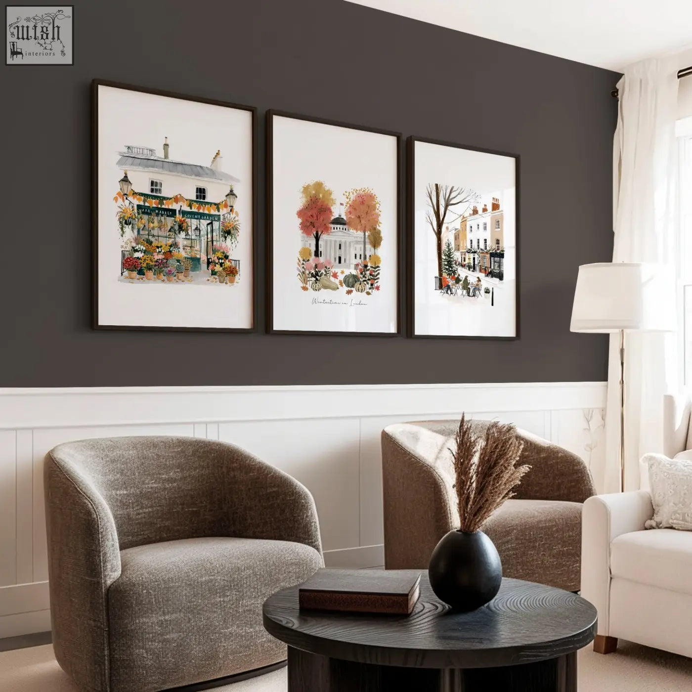 Black ceramic vase with dried pampas grass for wall living room decor in wintertime london covent garden set of 3