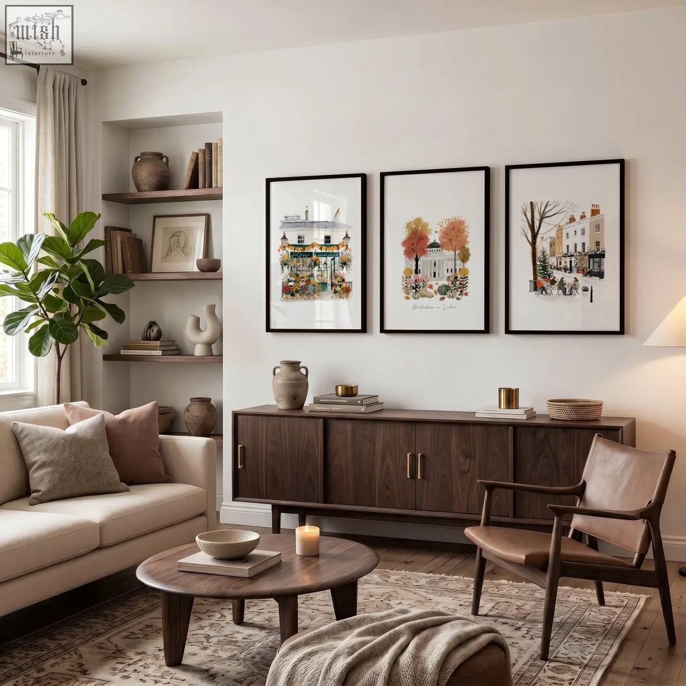 Three framed terracotta london travel wall art prints hang above a dark wood sideboard in a cozy living room wall living space